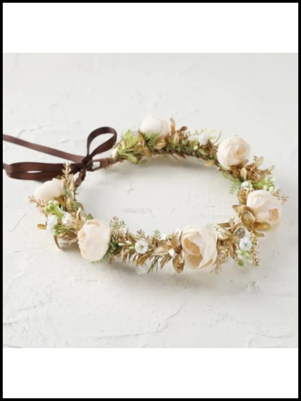 Fairy White Flower Crown Gold Green Woodland Headband Boho Bridal